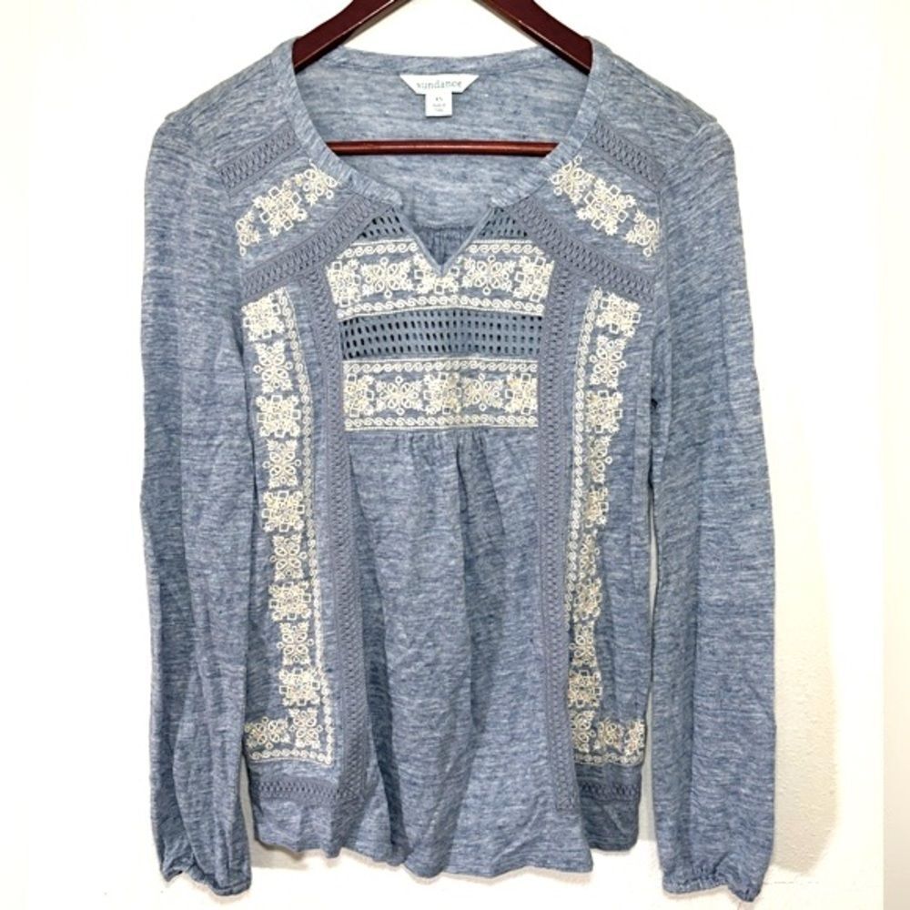 Sundance Top Women XS Blue Linen Embroidered‎ Sequin Long Sleeve Boho Blouse